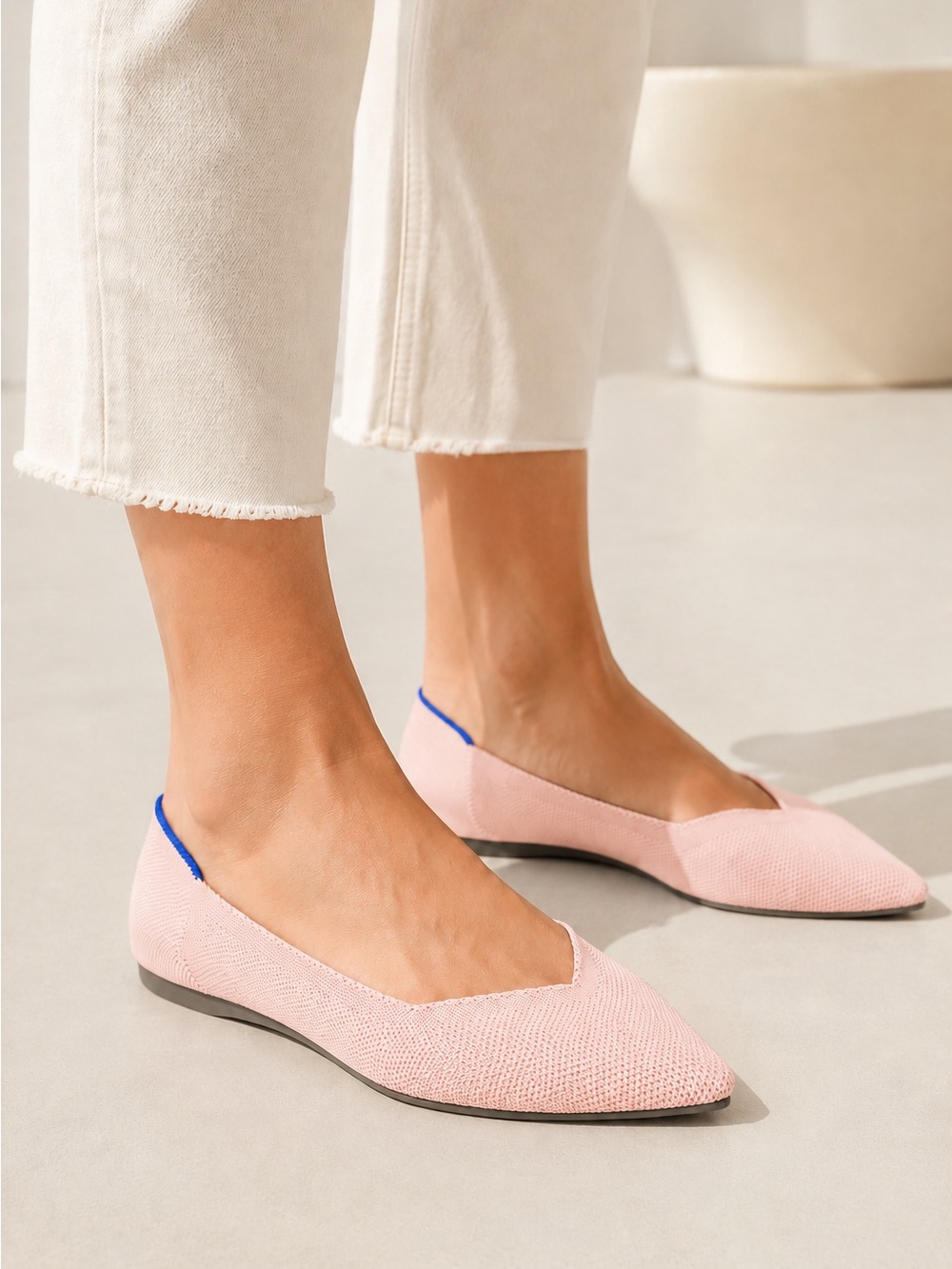 Rothy's Taupe Knit Pointed Toe Flats with Purple Trim